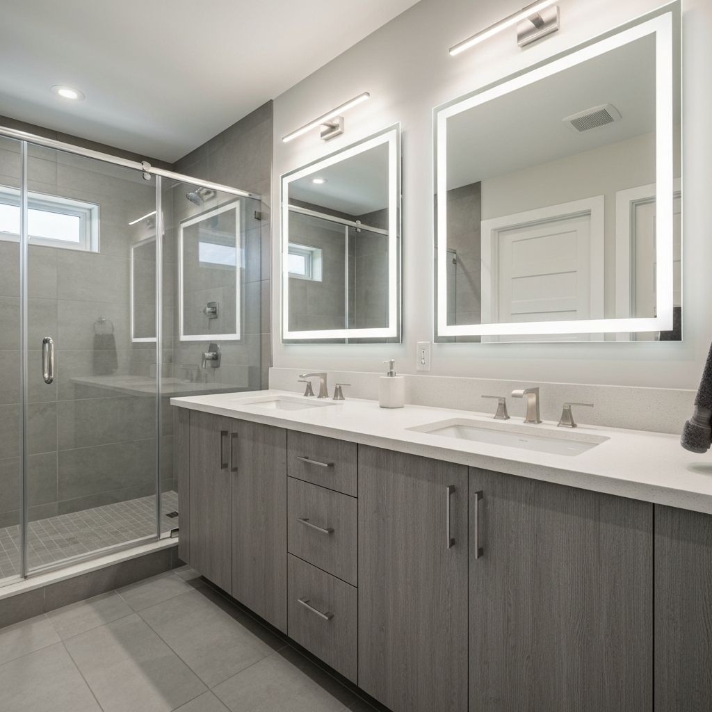 Modern family bathroom in Erin Mills featuring dual vanities