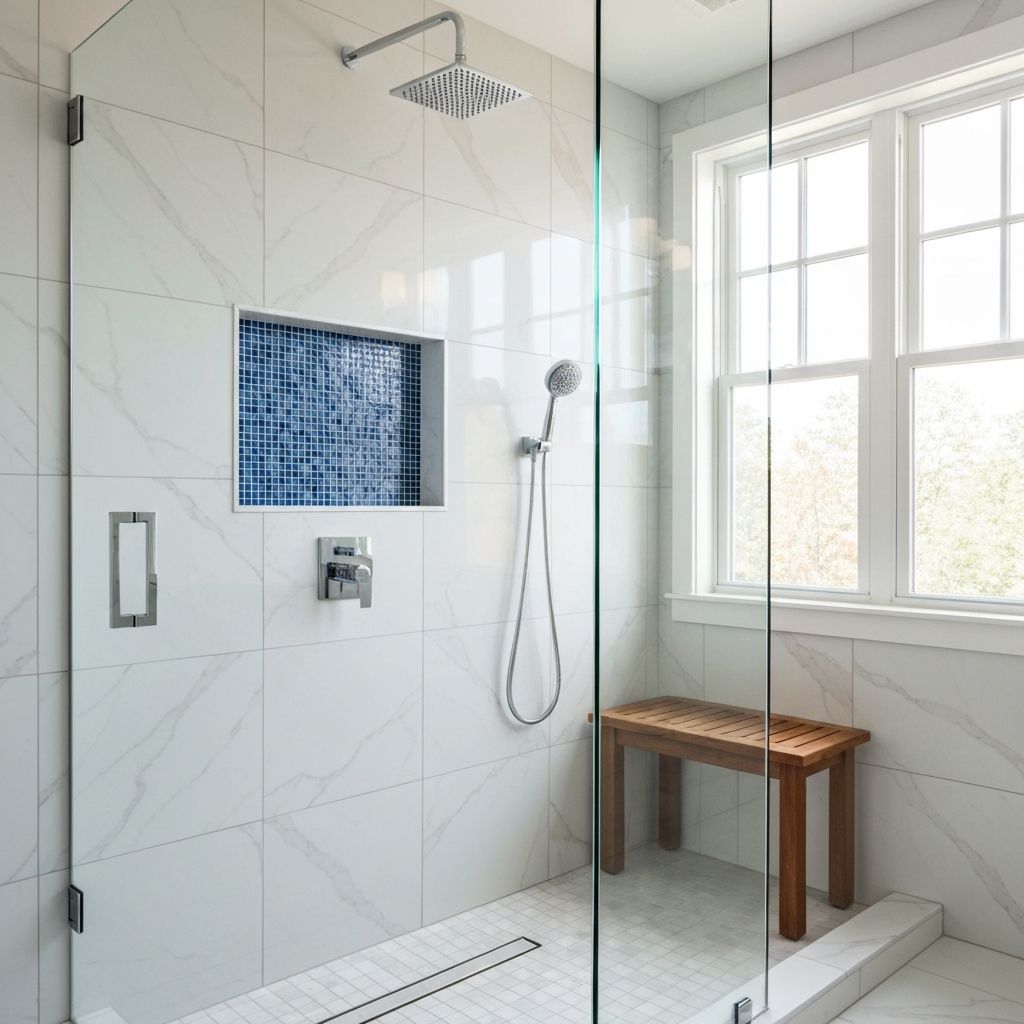 Contemporary walk-in shower renovation in Don Mills, North York